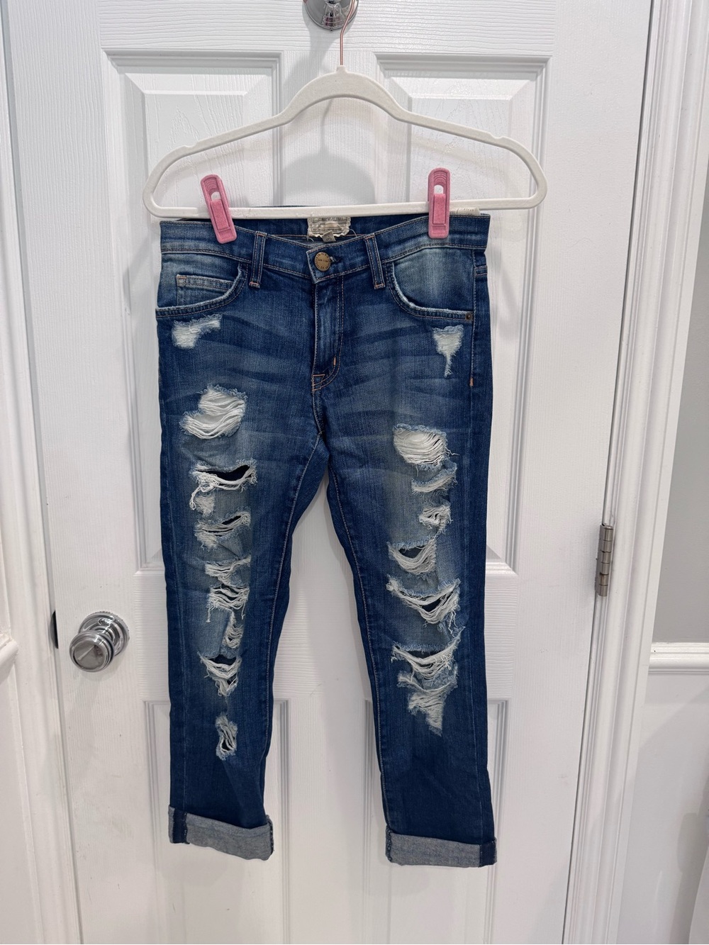 Current/Elliott Ripped Boyfriend Jeans in Dark Blue Denim
